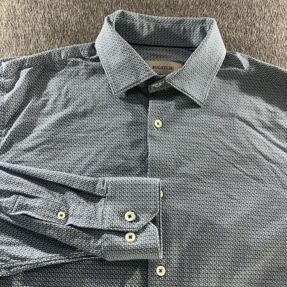 Bugatchi 8 Way Stretch Shirt Mens L Geometric Performance Long Sleeve Button Up